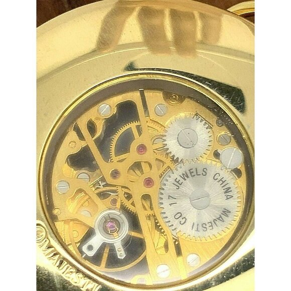 Majestrom Pocket Watch Gold Tone Case Silver Dial Roman Numerals 51mm Op… - Picture 3 of 11